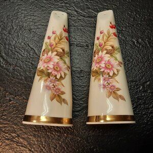 Vintage Sandford Fine Bone China Tall Salt & Pepper Shakers – Floral & Gold Trim